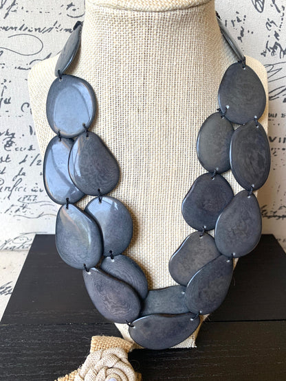 Dark gray statement necklace Tagua nut jewelry Fall fashion Big bold chunky necklace Anniversary gifts for wife Multi layer leather collar