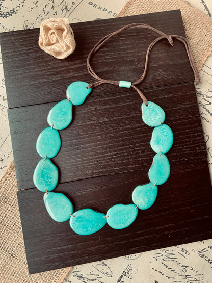 Turquoise green single strand statement necklace Tagua necklace Spring style One layer collar with adjustable leather strap Big oversized