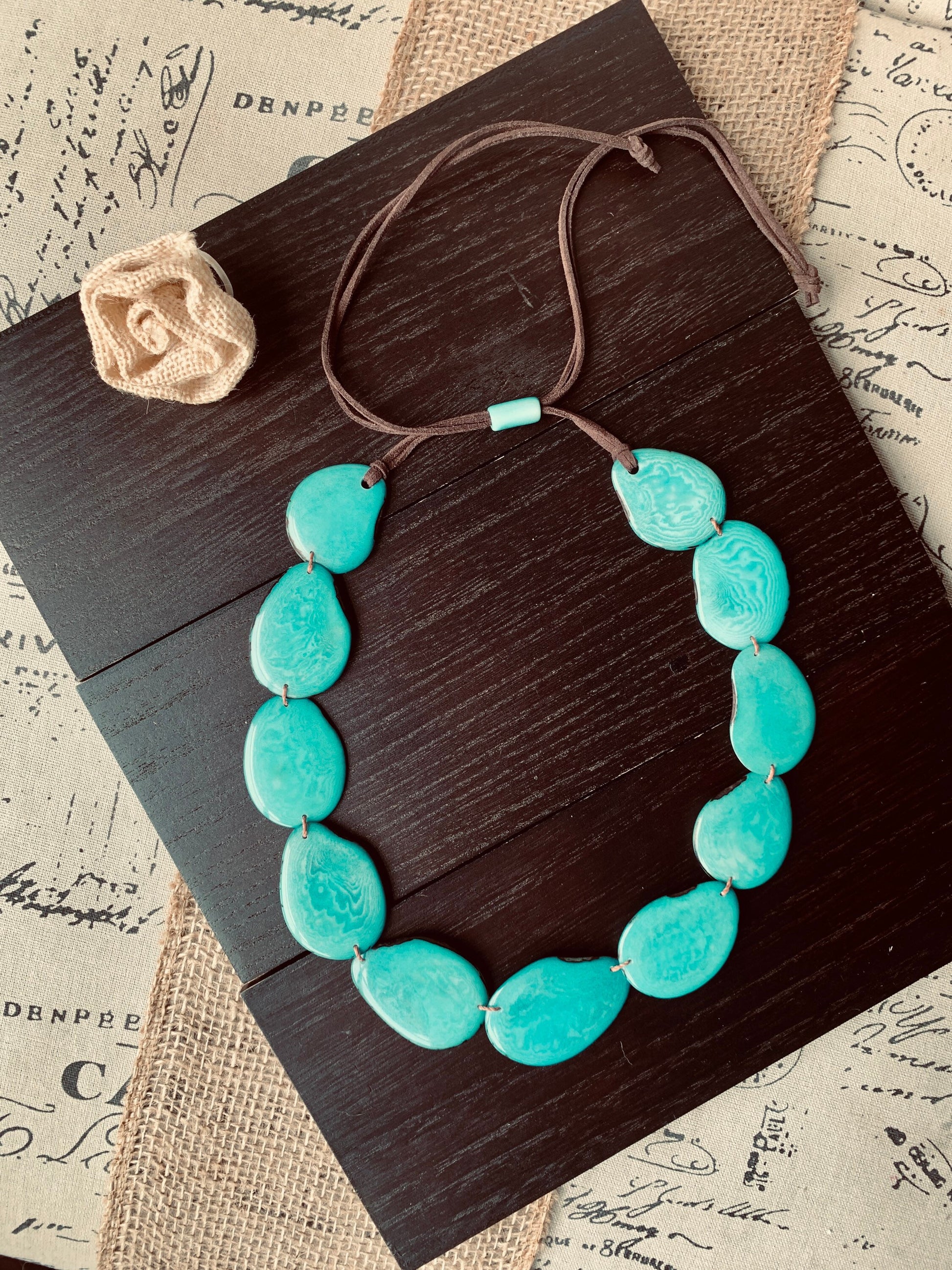Turquoise green single strand statement necklace Tagua necklace Spring style One layer collar with adjustable leather strap Big oversized