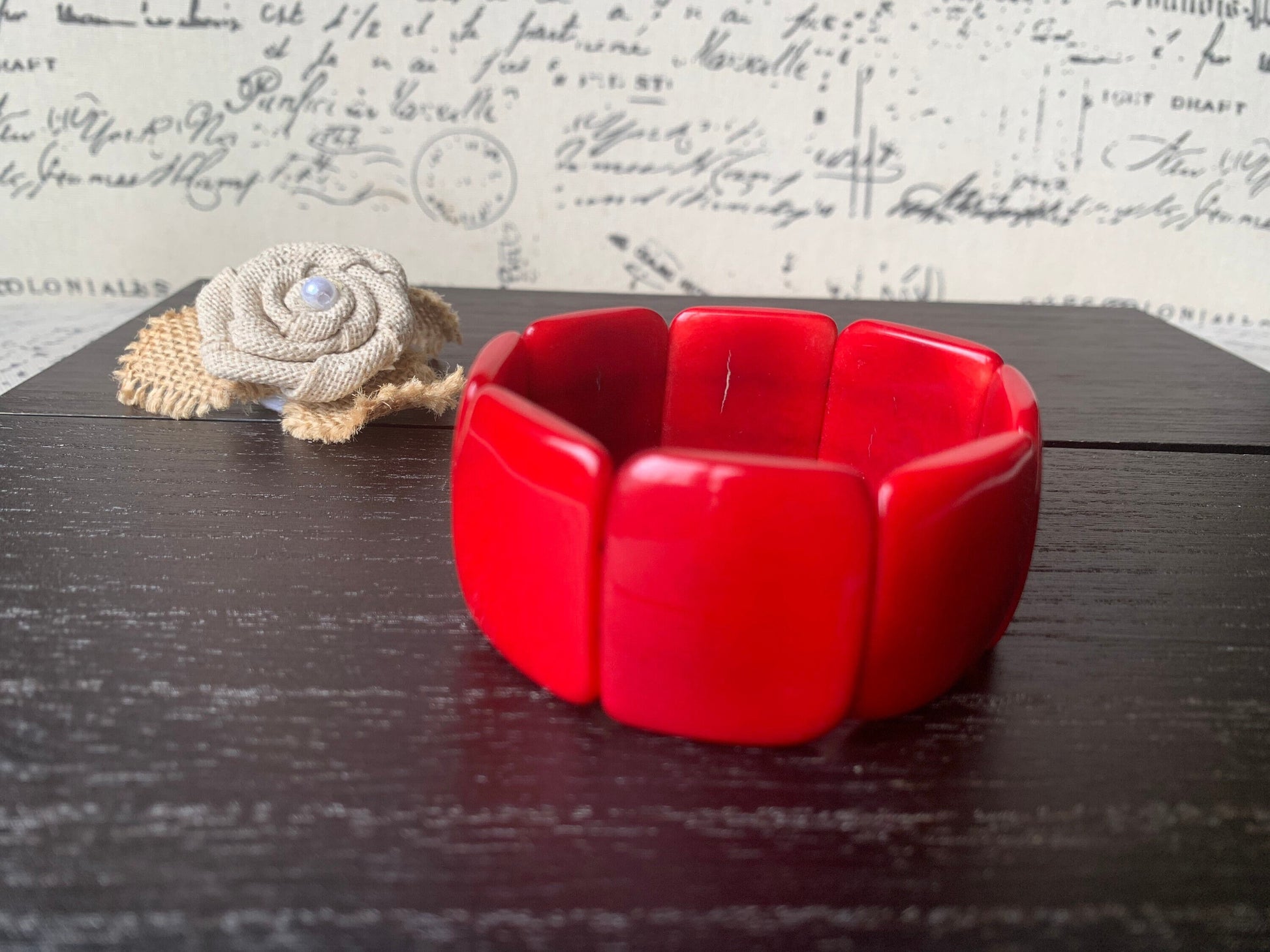 Red statement bracelet Tagua nut jewelry Big bold bangle Spring fashion Wide cuff bangle Beaded stretch bracelet Elastic bangle Organic