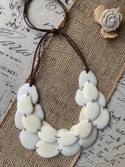 Ivory white layered statement tagua necklace 14 year Ivory anniversary gift for wife Beaded necklace with leather strap Big bold chunky bib