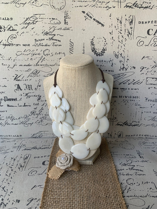 Ivory white layered statement tagua necklace 14 year Ivory anniversary gift for wife Beaded necklace with leather strap Big bold chunky bib