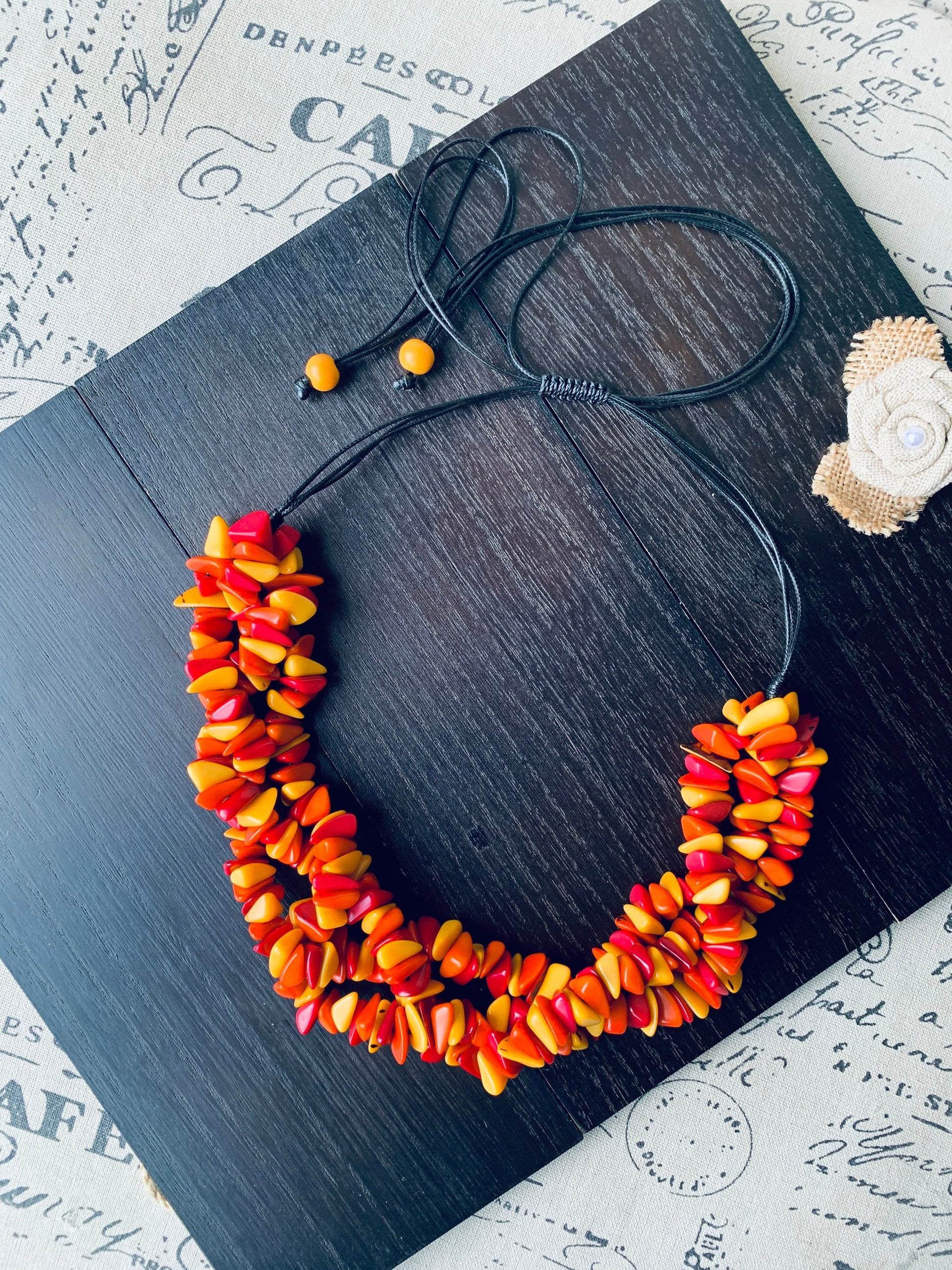 Orange yellow red beaded statement necklace Statement Tagua Necklace Spring adjustable bib Big bold chunky collar Mothers Day gifts