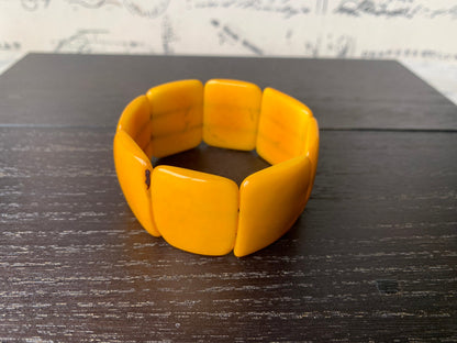 Yellow beaded stretch bracelet Tagua nut Jewelry Fall fashion trends Big bold beads Wide cuff bangle Beach style trends Anniversary gifts