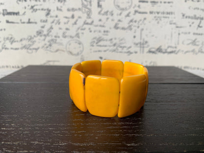 Yellow beaded stretch bracelet Tagua nut Jewelry Fall fashion trends Big bold beads Wide cuff bangle Beach style trends Anniversary gifts