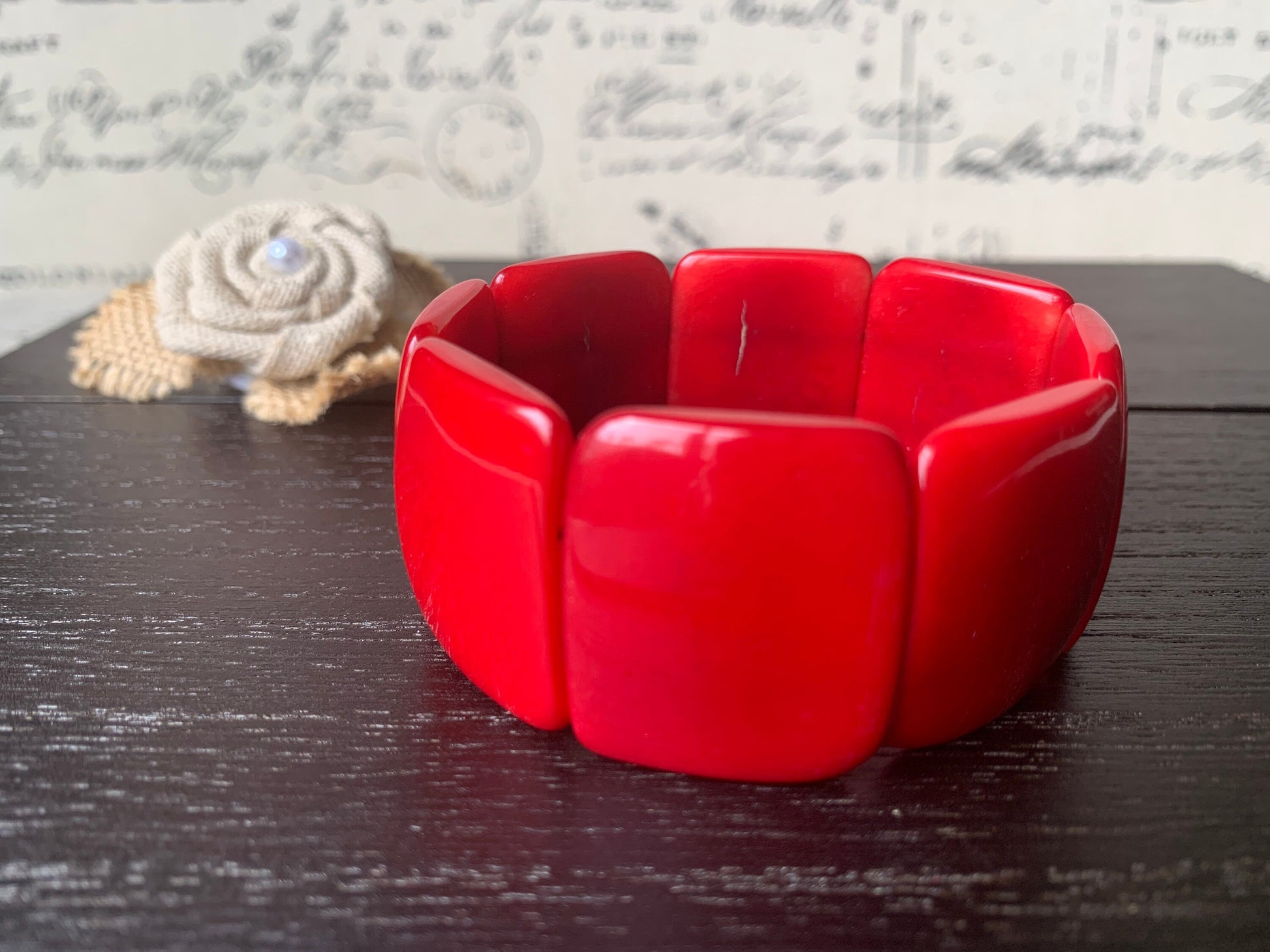 Red statement bracelet Tagua nut jewelry Big bold bangle Spring fashion Wide cuff bangle Beaded stretch bracelet Elastic bangle Organic