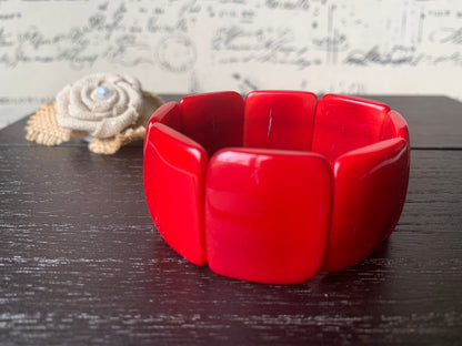 Red statement bracelet Tagua nut jewelry Big bold bangle Spring fashion Wide cuff bangle Beaded stretch bracelet Elastic bangle Organic