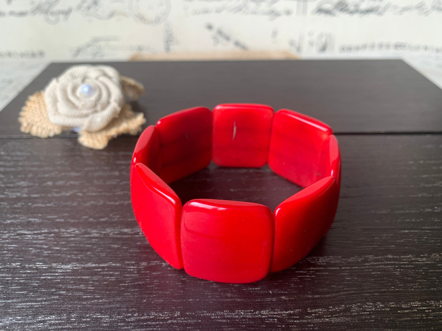 Red statement bracelet Tagua nut jewelry Big bold bangle Spring fashion Wide cuff bangle Beaded stretch bracelet Elastic bangle Organic