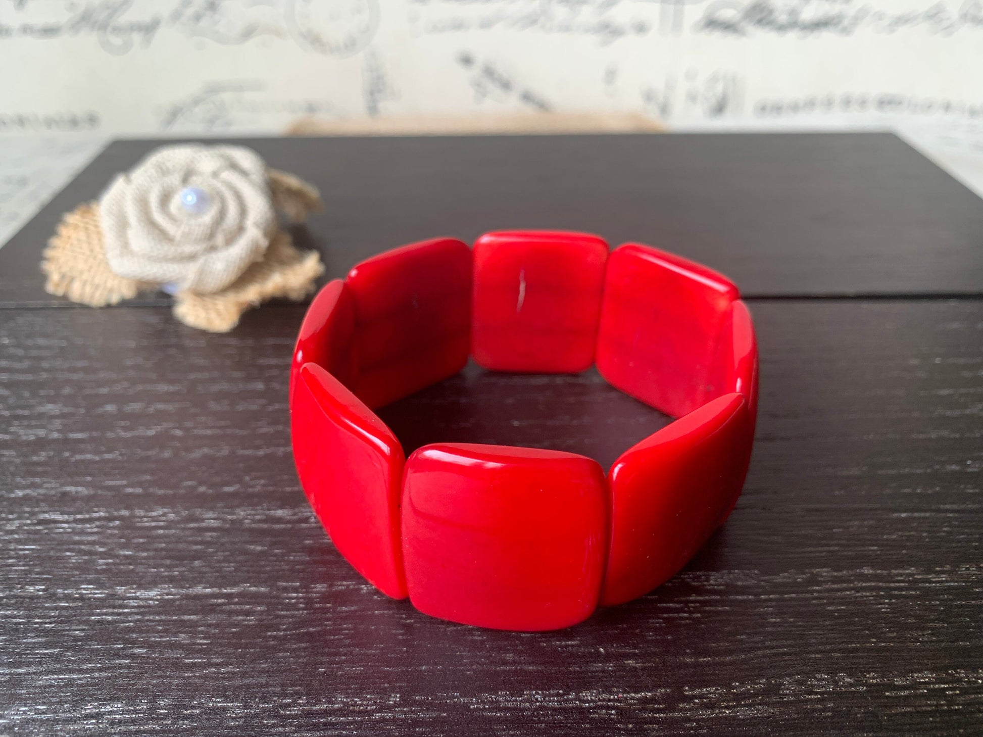 Red statement bracelet Tagua nut jewelry Big bold bangle Spring fashion Wide cuff bangle Beaded stretch bracelet Elastic bangle Organic
