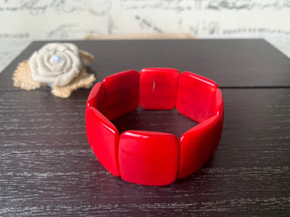 Red statement bracelet Tagua nut jewelry Big bold bangle Spring fashion Wide cuff bangle Beaded stretch bracelet Elastic bangle Organic