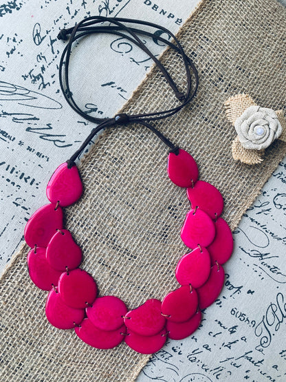 Hot pink statement necklace Tagua jewelry Huge layered necklace Big bold chunky necklace Double layer bib For weddings Summer fashion