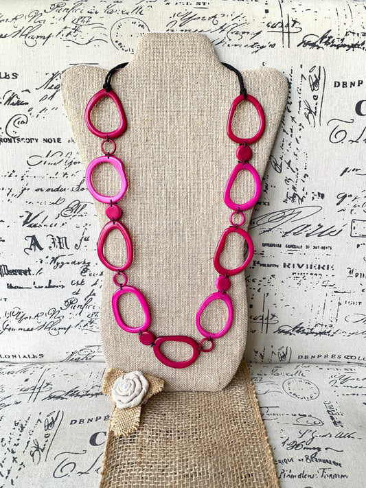 Pink tagua necklace Statement geometric jewelry Mothers Day gifts Handmade donut shape beads Anniversary gift Spring trendy fashion