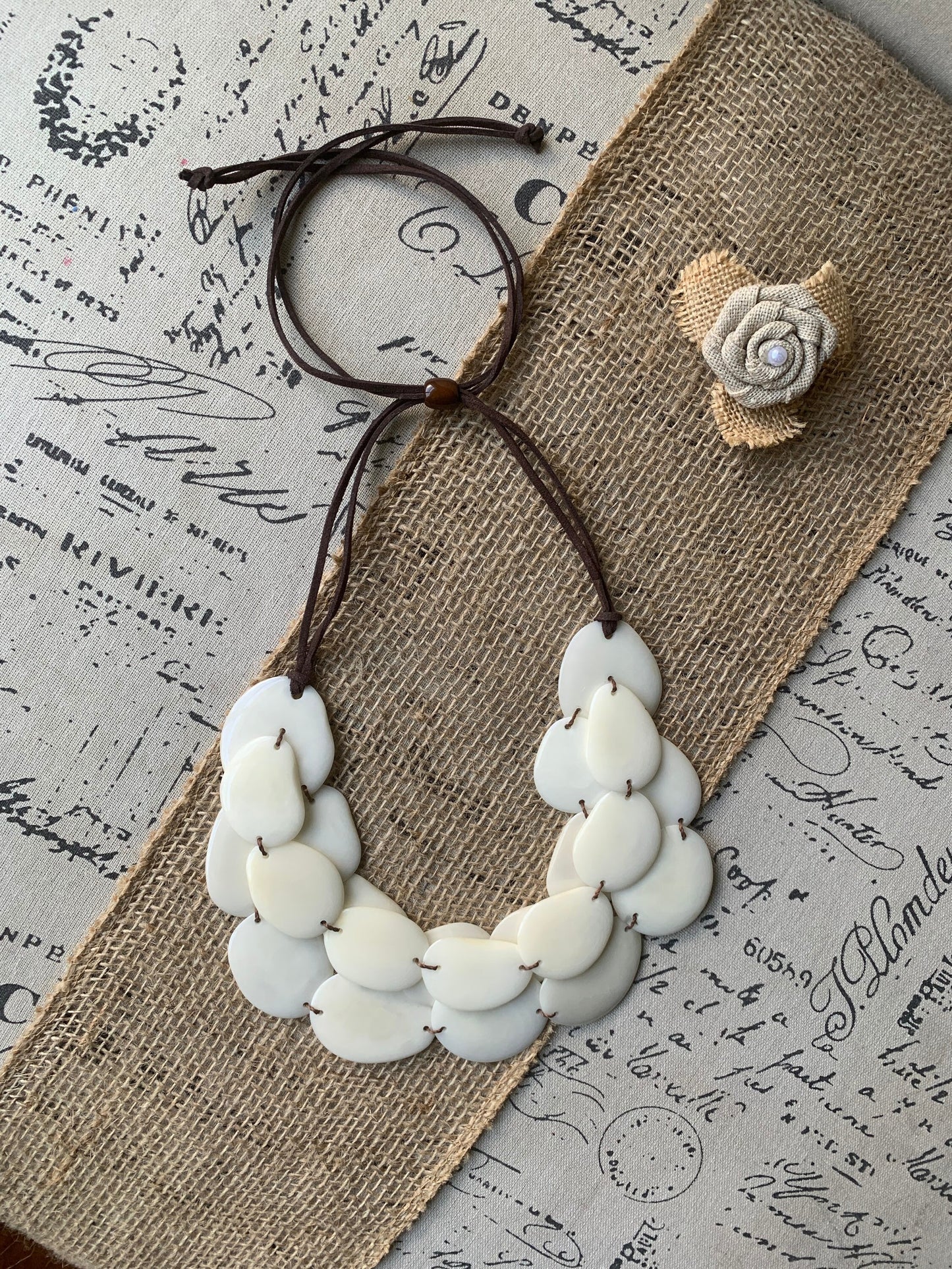 Ivory white layered statement tagua necklace 14 year Ivory anniversary gift for wife Beaded necklace with leather strap Big bold chunky bib