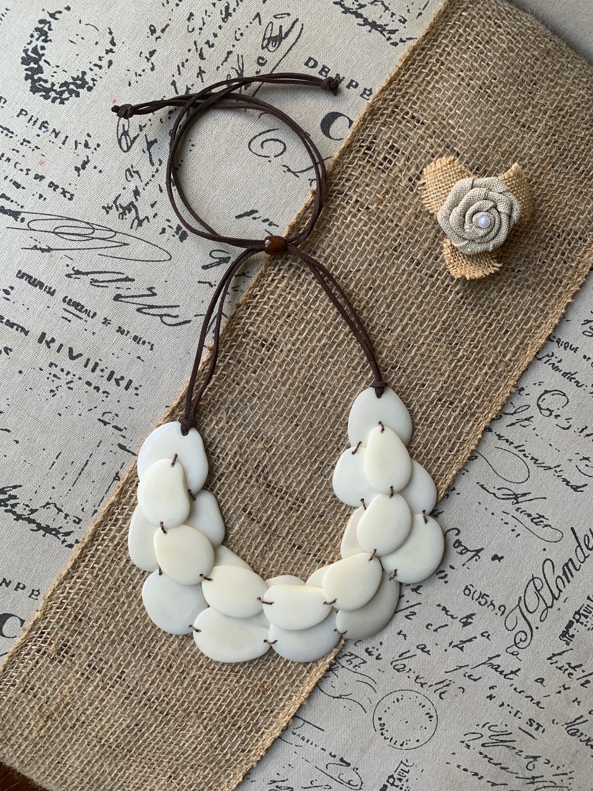 Ivory white layered statement tagua necklace 14 year Ivory anniversary gift for wife Beaded necklace with leather strap Big bold chunky bib