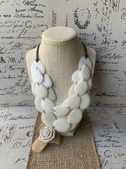 Ivory white layered statement tagua necklace 14 year Ivory anniversary gift for wife Beaded necklace with leather strap Big bold chunky bib