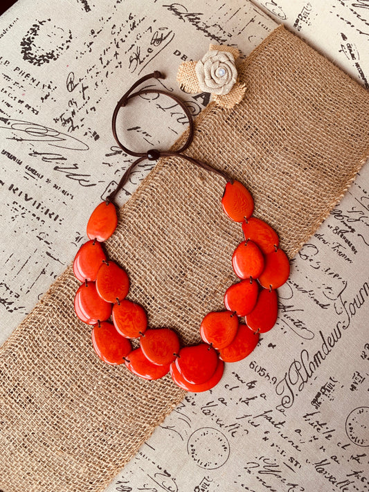 Burnt orange statement necklace Tagua jewelry Double layer bib Big bold chunky necklace Leather collar 2 two strand Wife anniversary gift