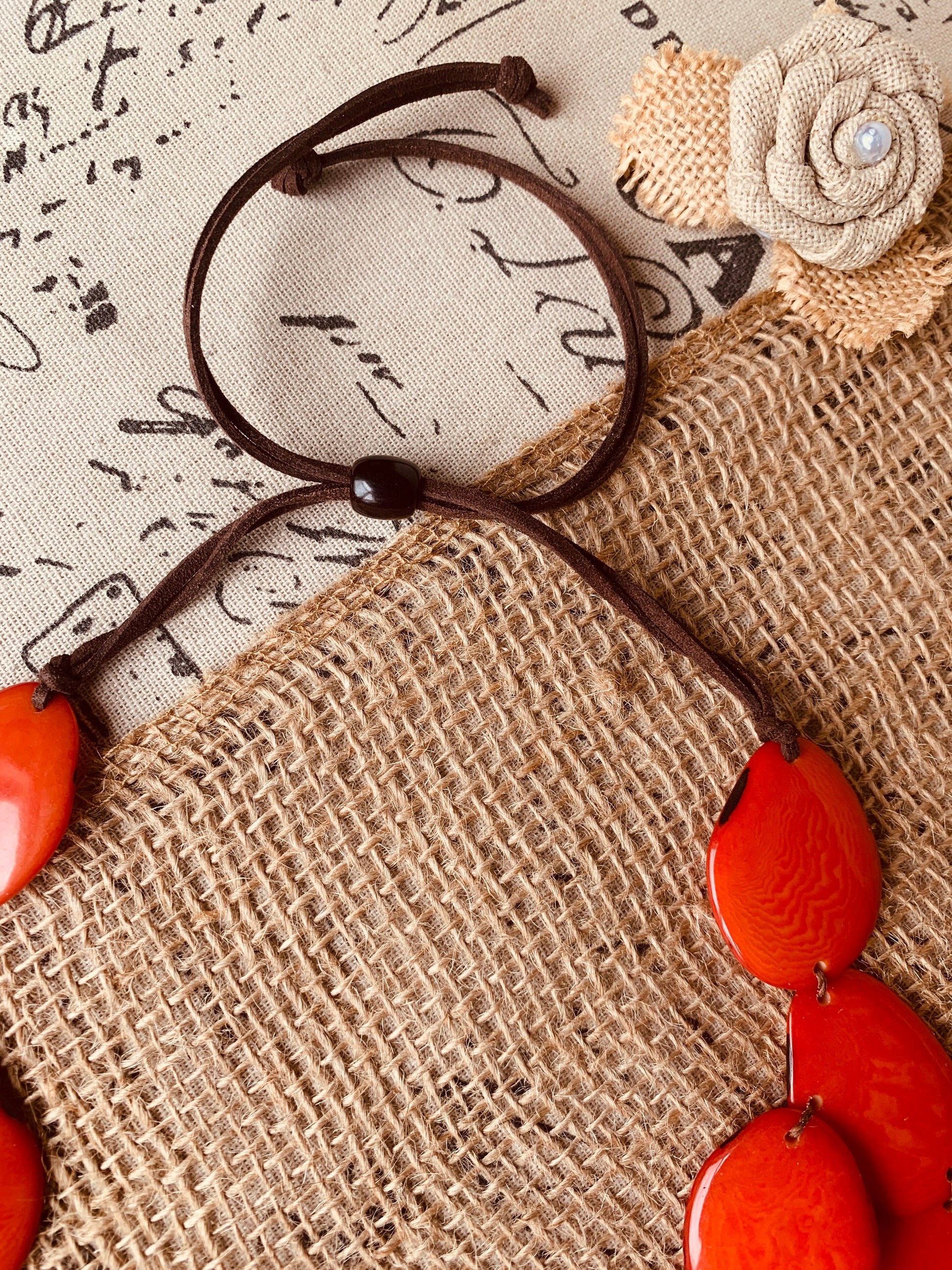Burnt orange statement necklace Tagua jewelry Double layer bib Big bold chunky necklace Leather collar 2 two strand Wife anniversary gift