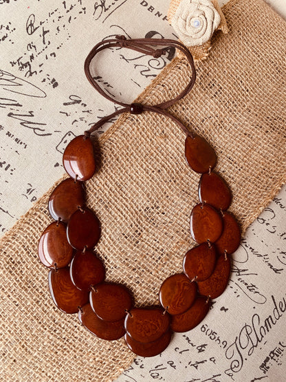 Brown statement necklace Tagua jewelry Big bold chunky necklace Wedding jewelry Double layer 2 Two strand bib Beach jewelry Anniversary gift