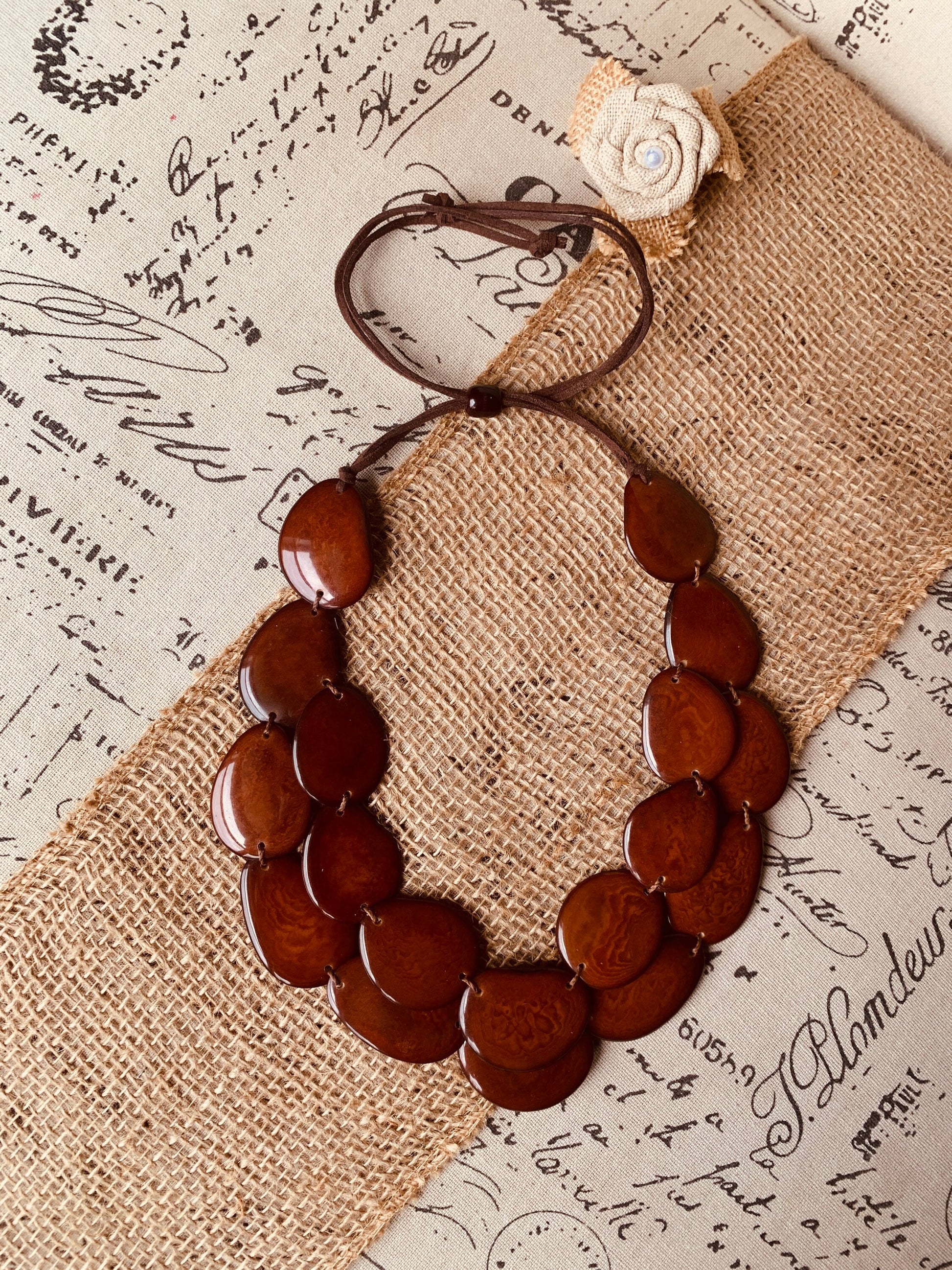 Brown statement necklace Tagua jewelry Big bold chunky necklace Wedding jewelry Double layer 2 Two strand bib Beach jewelry Anniversary gift