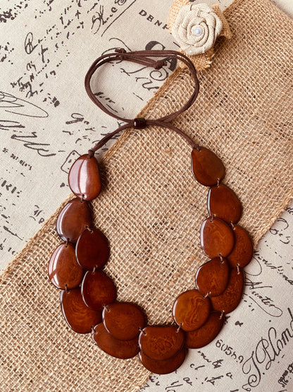 Brown statement necklace Tagua jewelry Big bold chunky necklace Wedding jewelry Double layer 2 Two strand bib Beach jewelry Anniversary gift