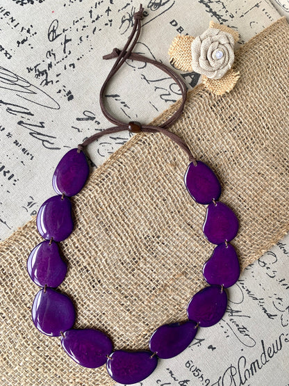 Purple single strand statement necklace Tagua necklace Handmade with adjustable leather strap Simple unusual collar Spring wedding style