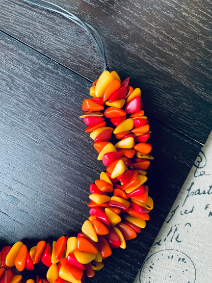 Orange yellow red beaded statement necklace Statement Tagua Necklace Spring adjustable bib Big bold chunky collar Mothers Day gifts