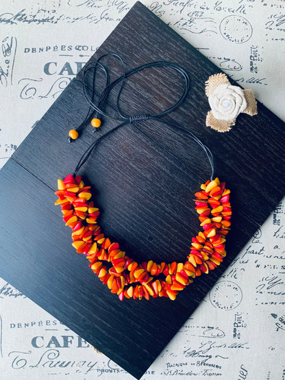 Orange yellow red beaded statement necklace Statement Tagua Necklace Spring adjustable bib Big bold chunky collar Mothers Day gifts