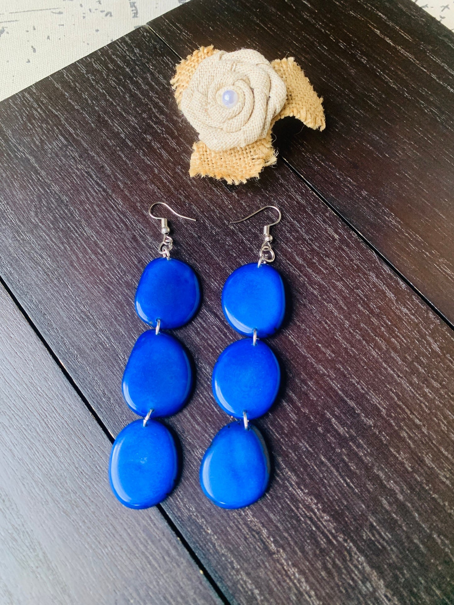 Royal blue extra long statement earrings Tagua earrings beaded Spring fashion Casual trendy drops Boho mod style Wedding jewelry bridesmaids