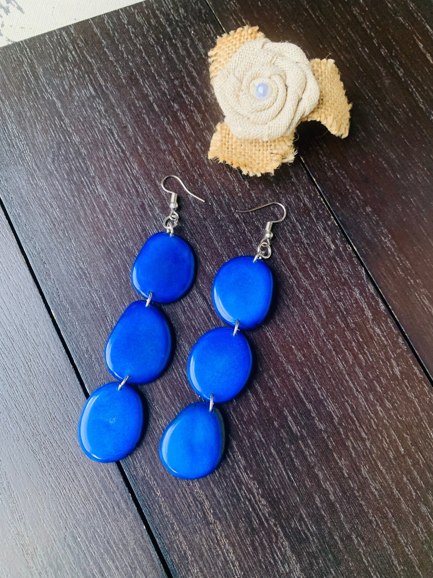 Royal blue extra long statement earrings Tagua earrings beaded Spring fashion Casual trendy drops Boho mod style Wedding jewelry bridesmaids