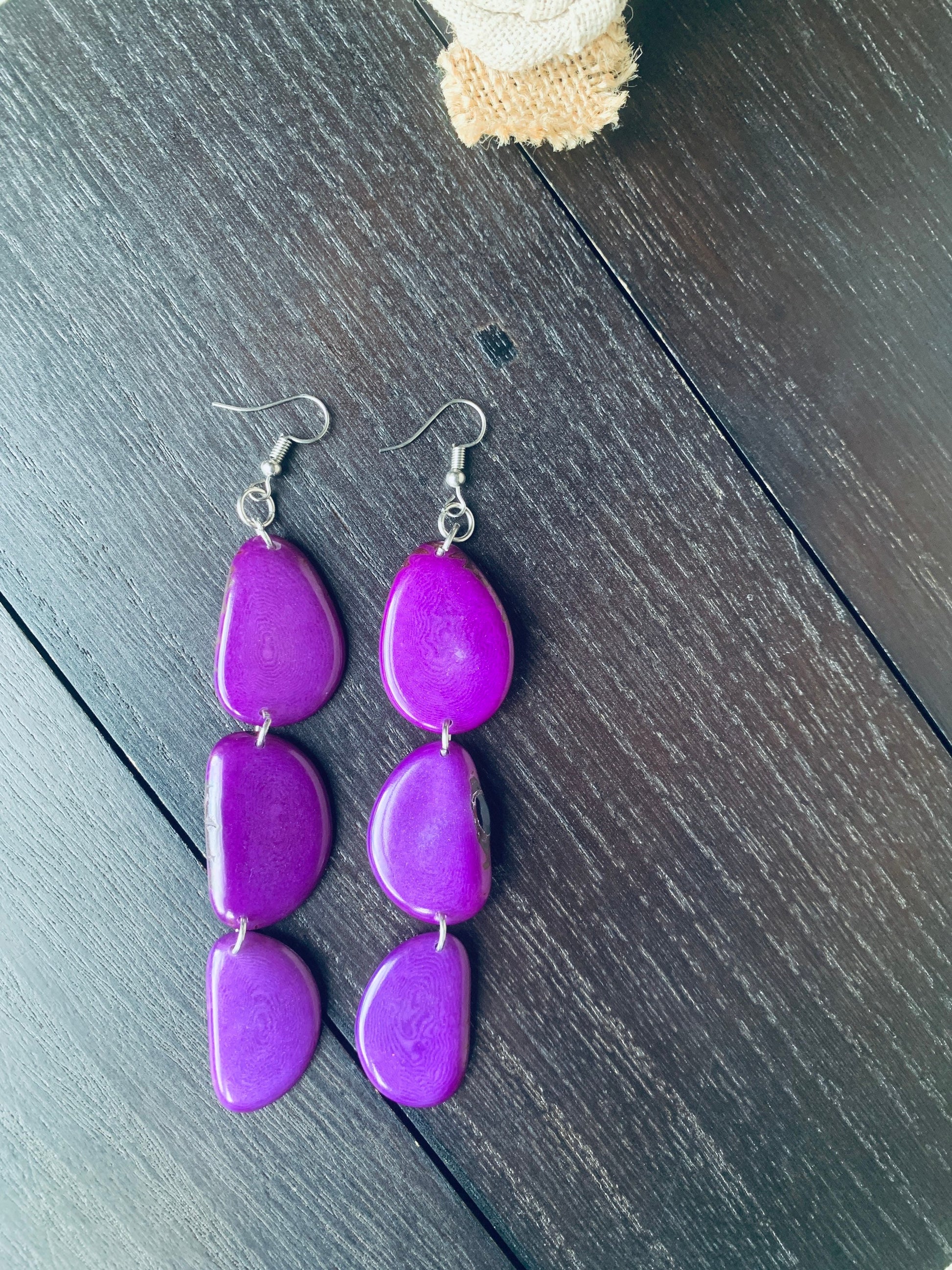 Purple extra long statement earrings Tagua earrings beaded Spring fashion Casual trendy drops Boho mod Mother’s Day gifts for wife under 20