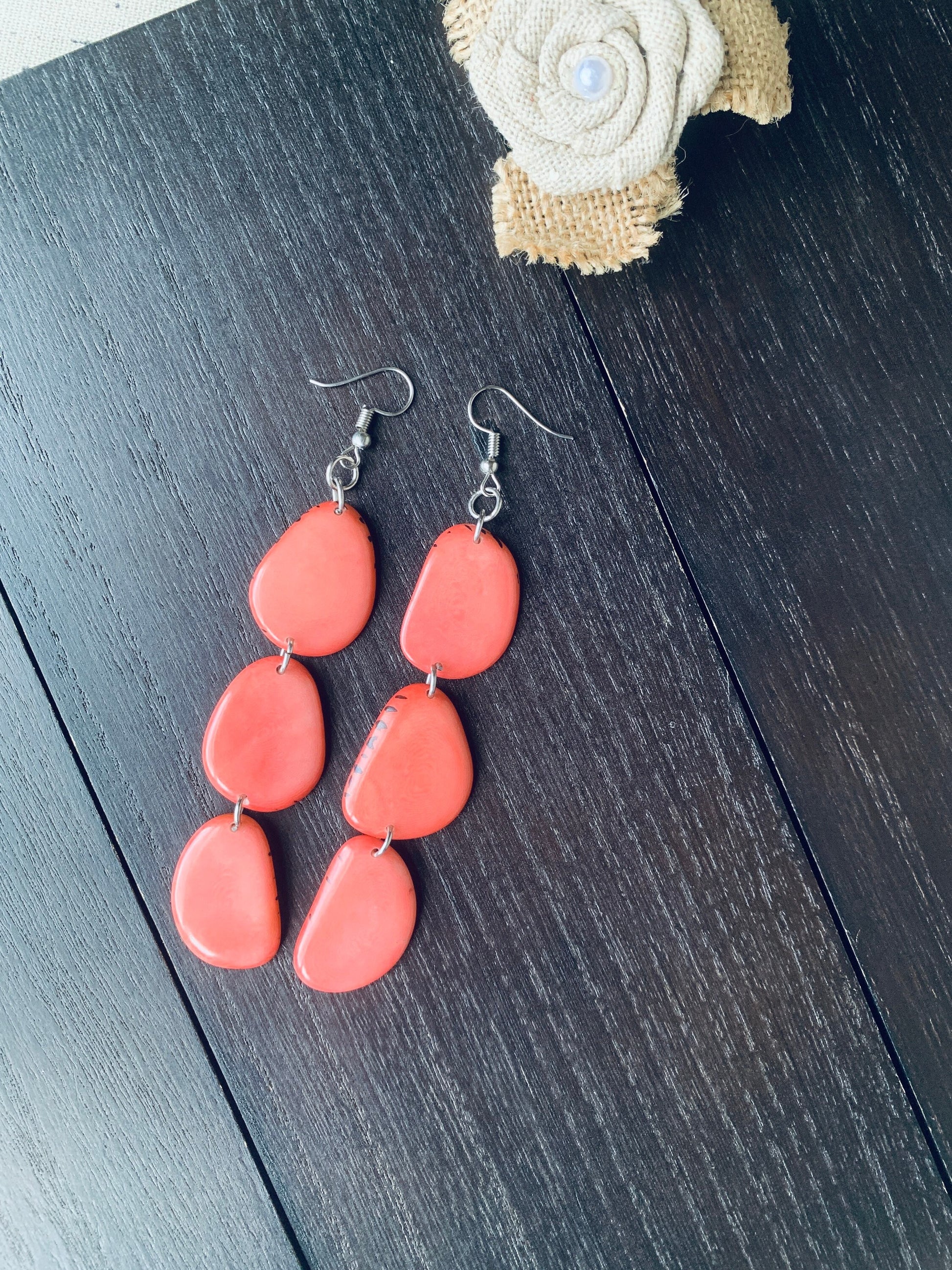 Peach extra long statement earrings Tagua earrings beaded Beach fashion Casual trendy drops Boho mod style Artisan handmade Lightweight