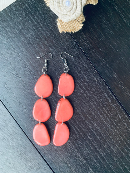 Peach extra long statement earrings Tagua earrings beaded Beach fashion Casual trendy drops Boho mod style Artisan handmade Lightweight