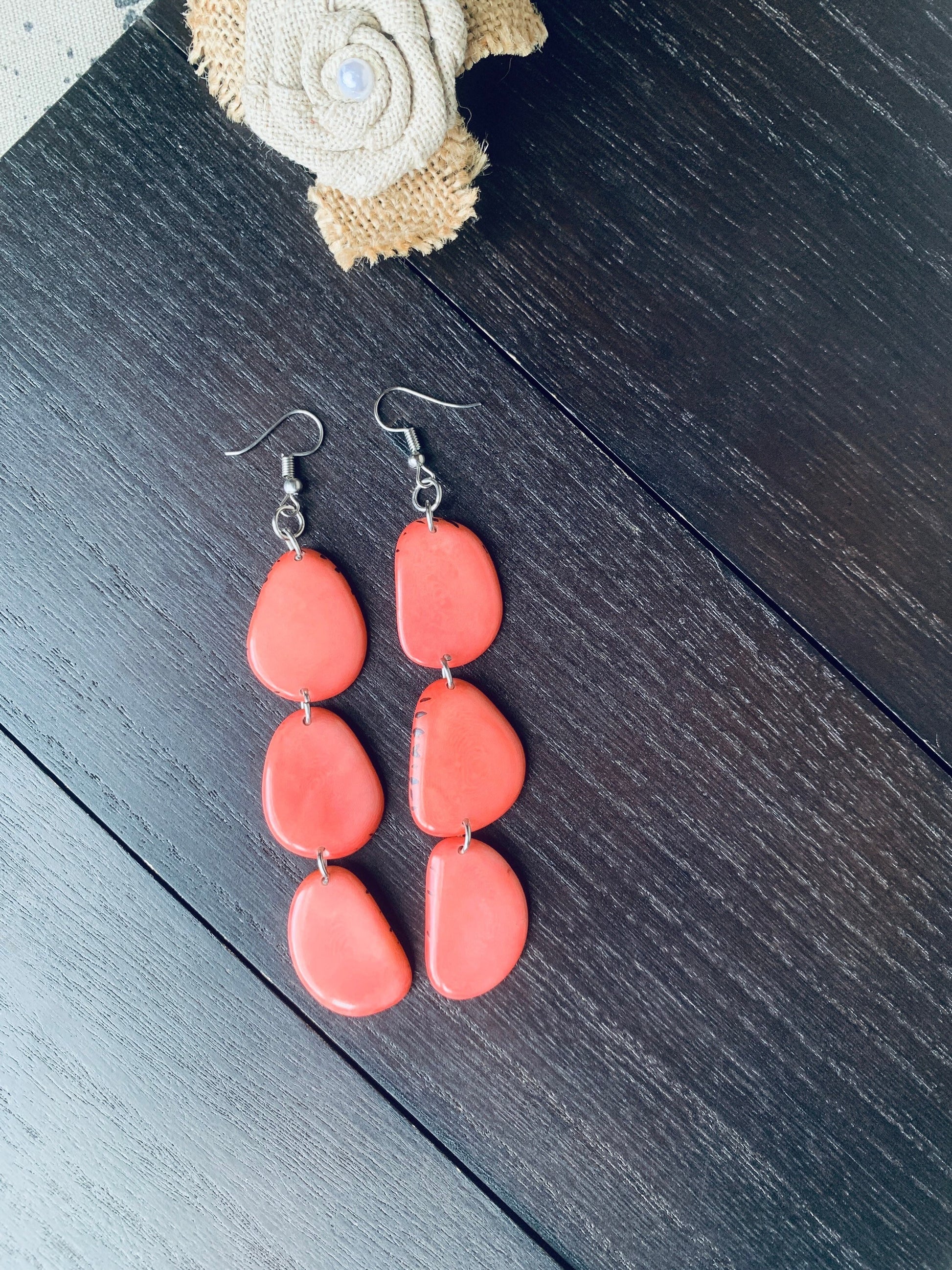 Peach extra long statement earrings Tagua earrings beaded Beach fashion Casual trendy drops Boho mod style Artisan handmade Lightweight