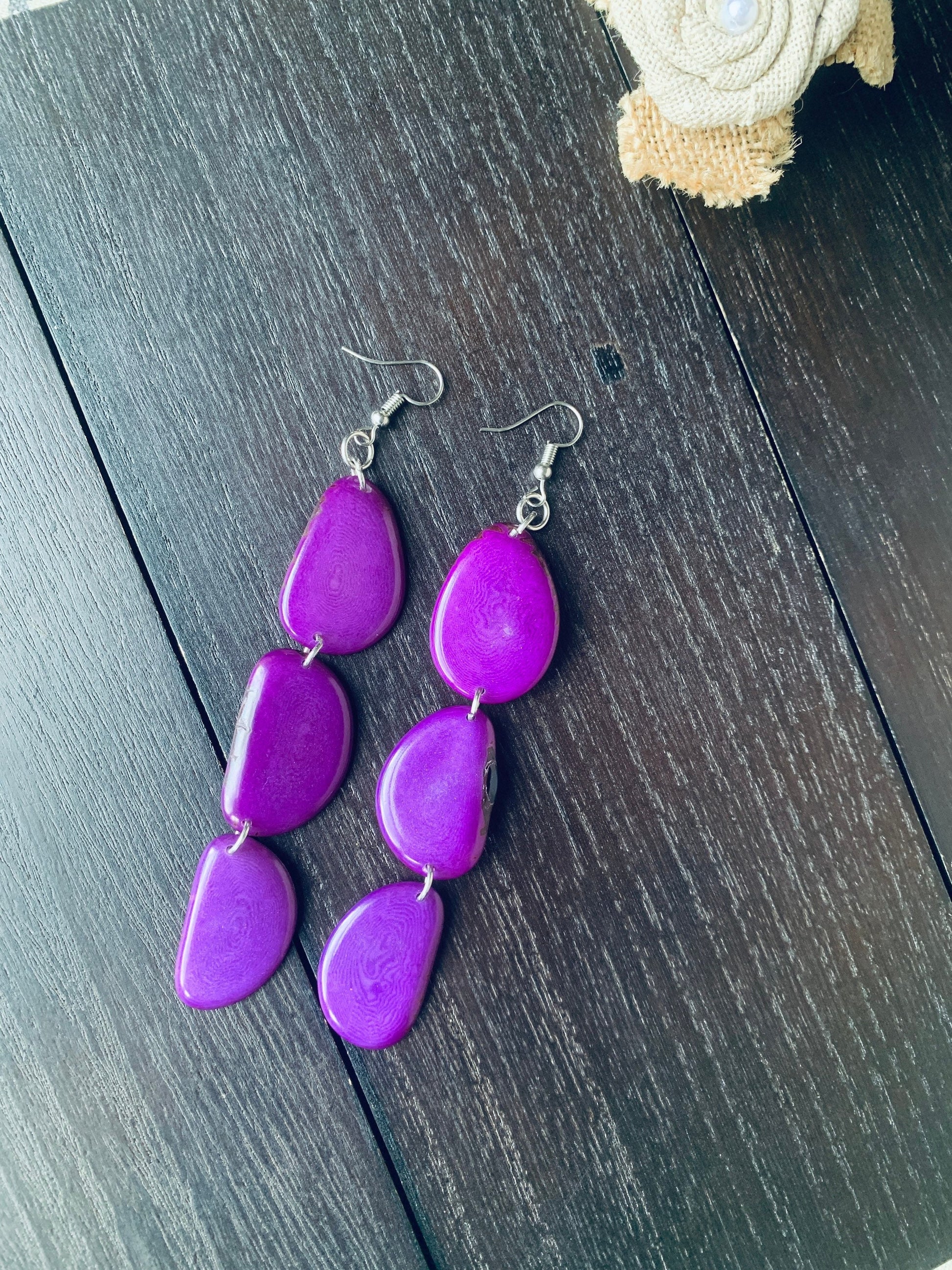Purple extra long statement earrings Tagua earrings beaded Spring fashion Casual trendy drops Boho mod Mother’s Day gifts for wife under 20