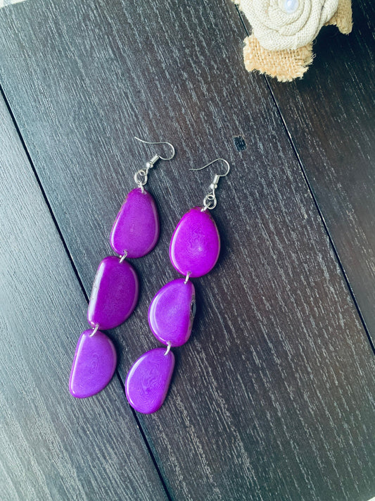 Purple extra long statement earrings Tagua earrings beaded Spring fashion Casual trendy drops Boho mod Mother’s Day gifts for wife under 20