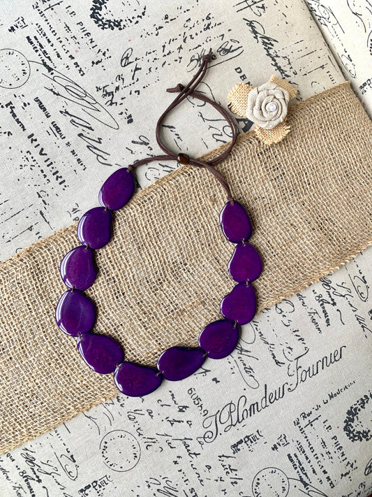 Purple single strand statement necklace Tagua necklace Handmade with adjustable leather strap Simple unusual collar Spring wedding style
