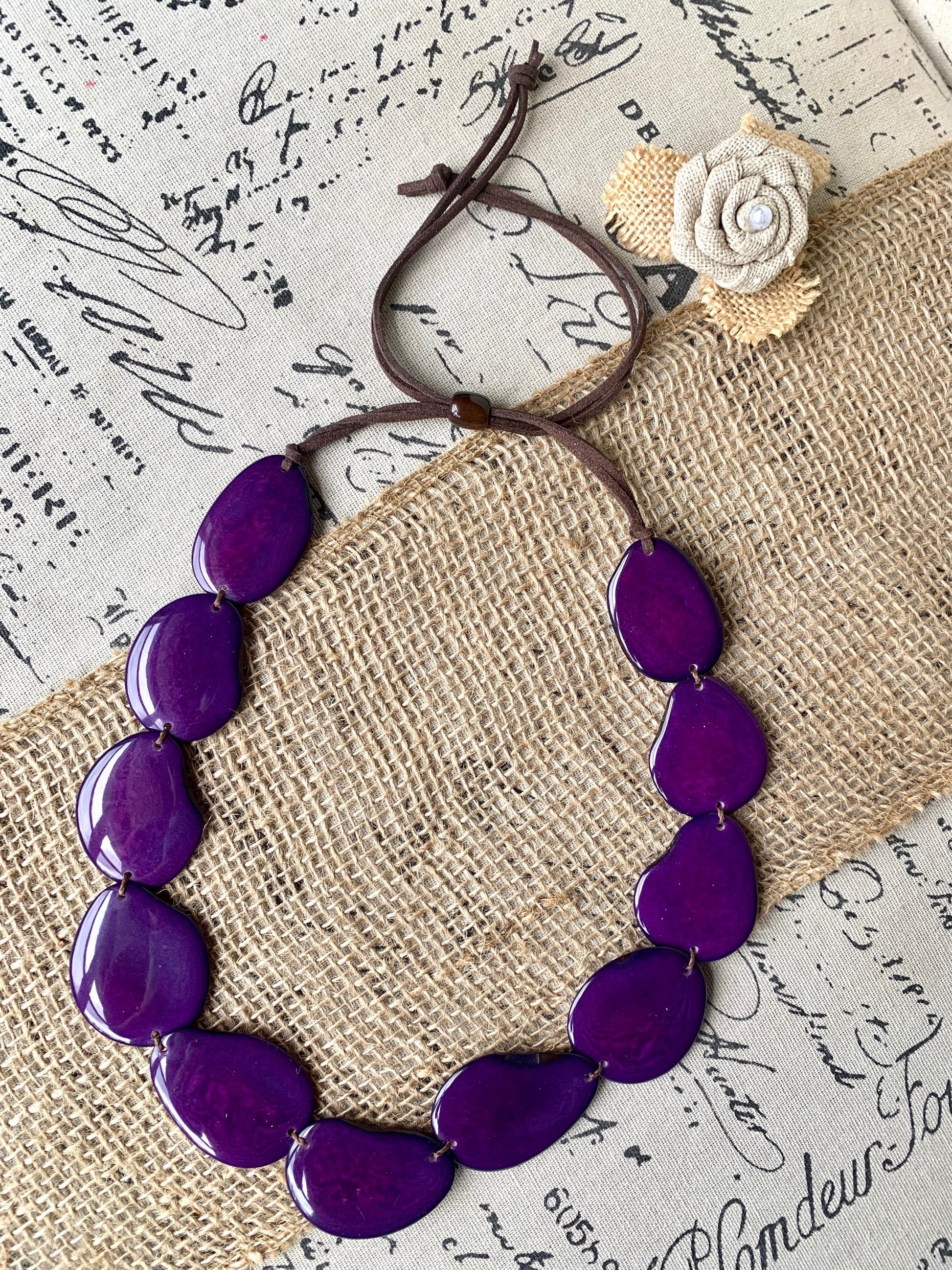 Purple single strand statement necklace Tagua necklace Handmade with adjustable leather strap Simple unusual collar Spring wedding style