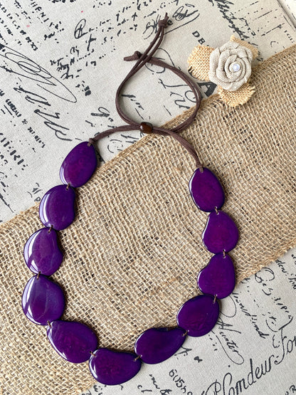 Purple single strand statement necklace Tagua necklace Handmade with adjustable leather strap Simple unusual collar Spring wedding style
