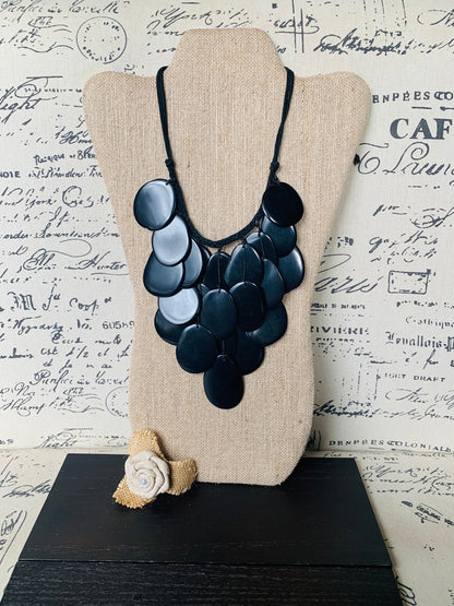 Black statement lightweight necklace Tagua jewelry Big bold chunky necklace Anniversary gift Fall trendy fashion Macrame adjustable bib