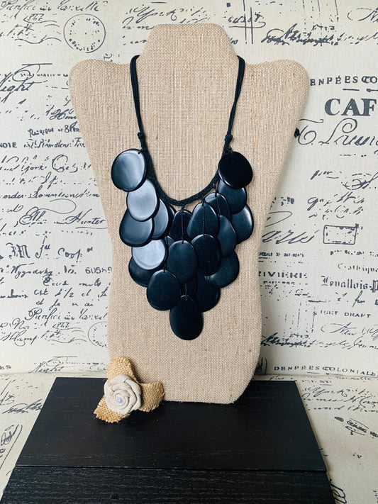 Black statement lightweight necklace Tagua jewelry Big bold chunky necklace Anniversary gift Fall trendy fashion Macrame adjustable bib
