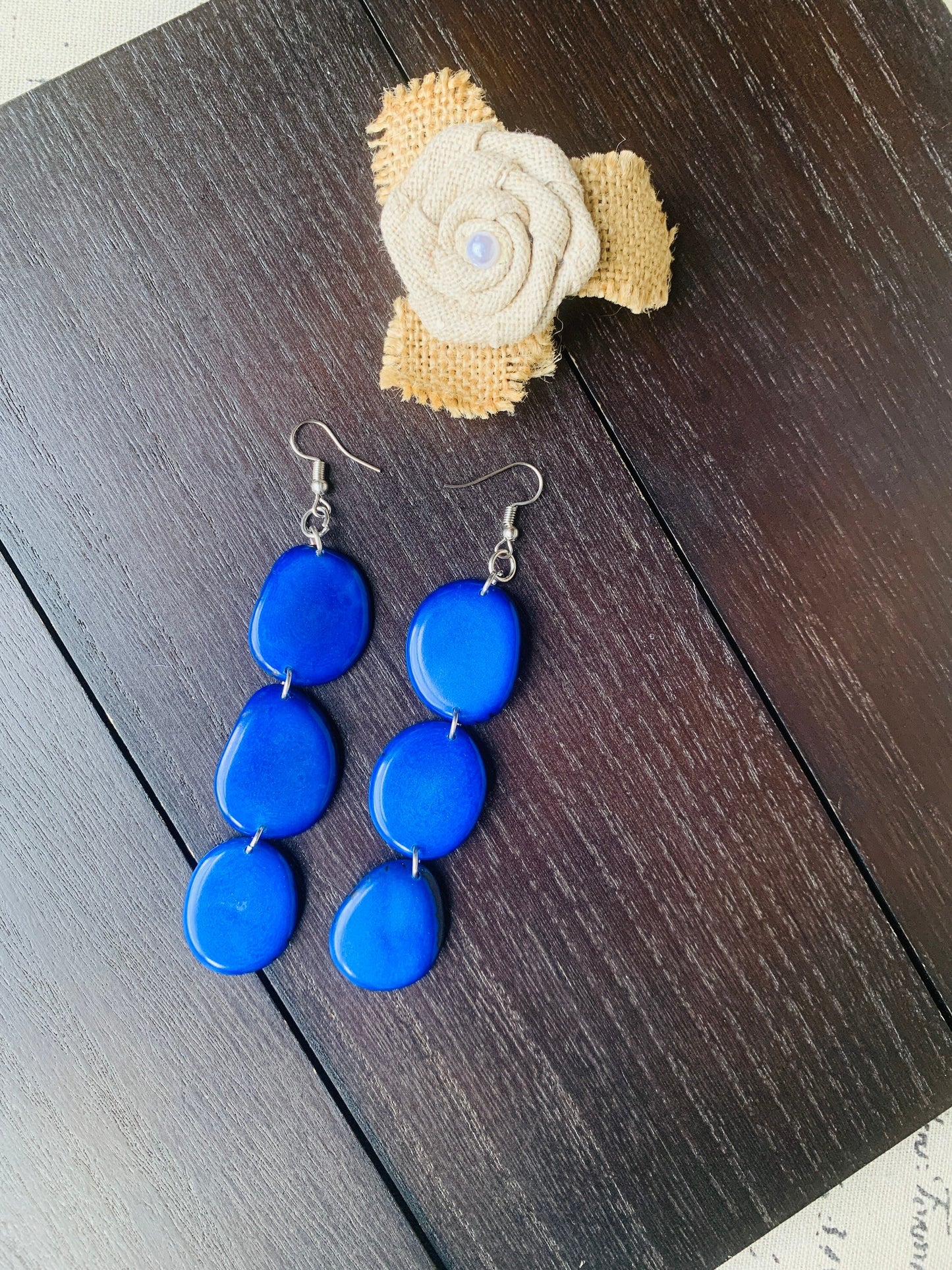 Royal blue extra long statement earrings Tagua earrings beaded Spring fashion Casual trendy drops Boho mod style Wedding jewelry bridesmaids