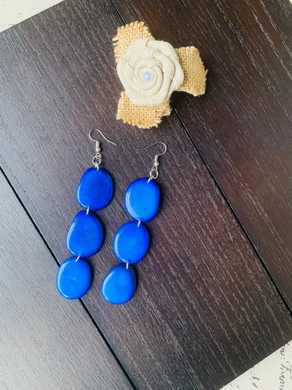 Royal blue extra long statement earrings Tagua earrings beaded Spring fashion Casual trendy drops Boho mod style Wedding jewelry bridesmaids