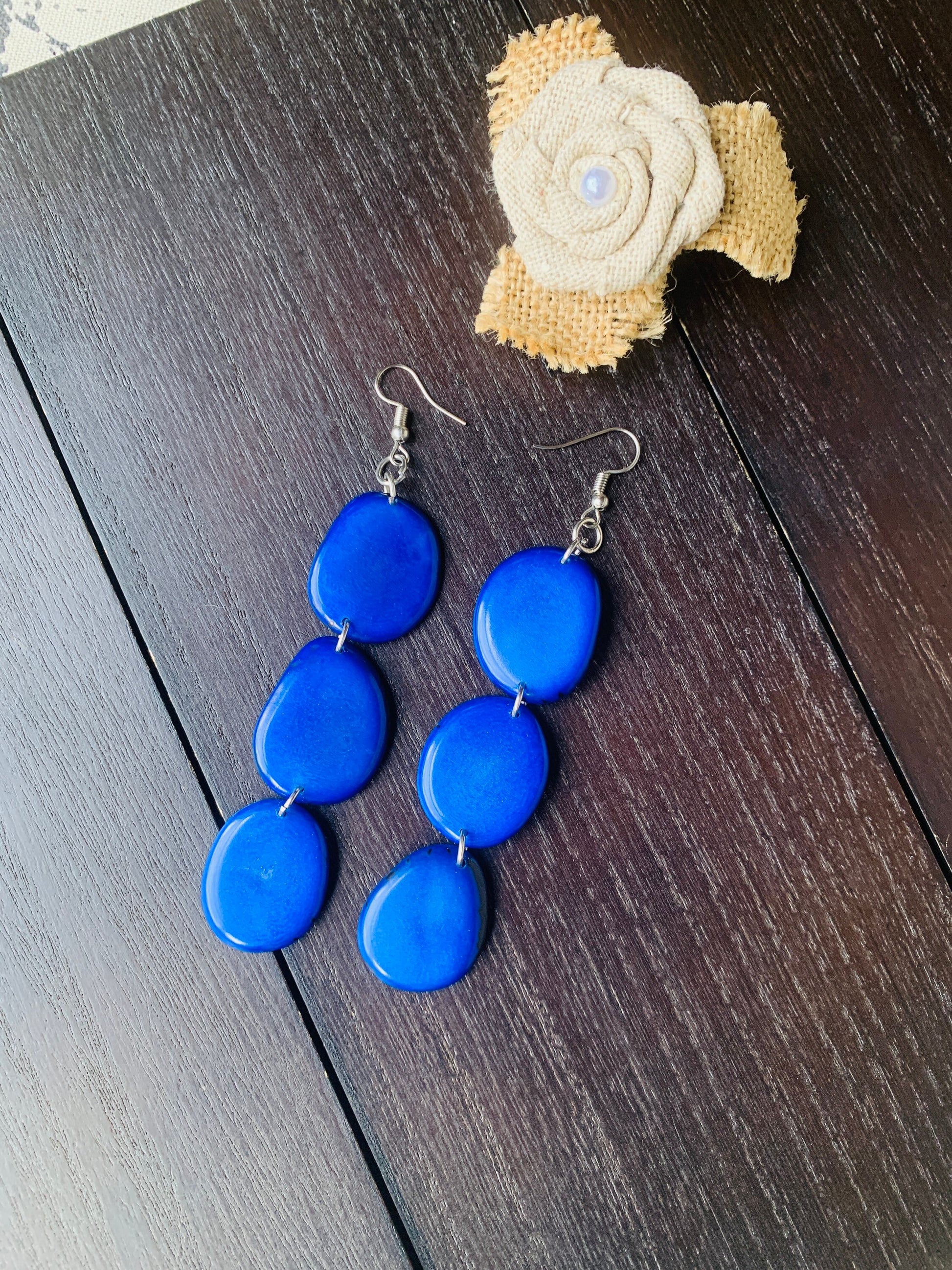 Royal blue extra long statement earrings Tagua earrings beaded Spring fashion Casual trendy drops Boho mod style Wedding jewelry bridesmaids