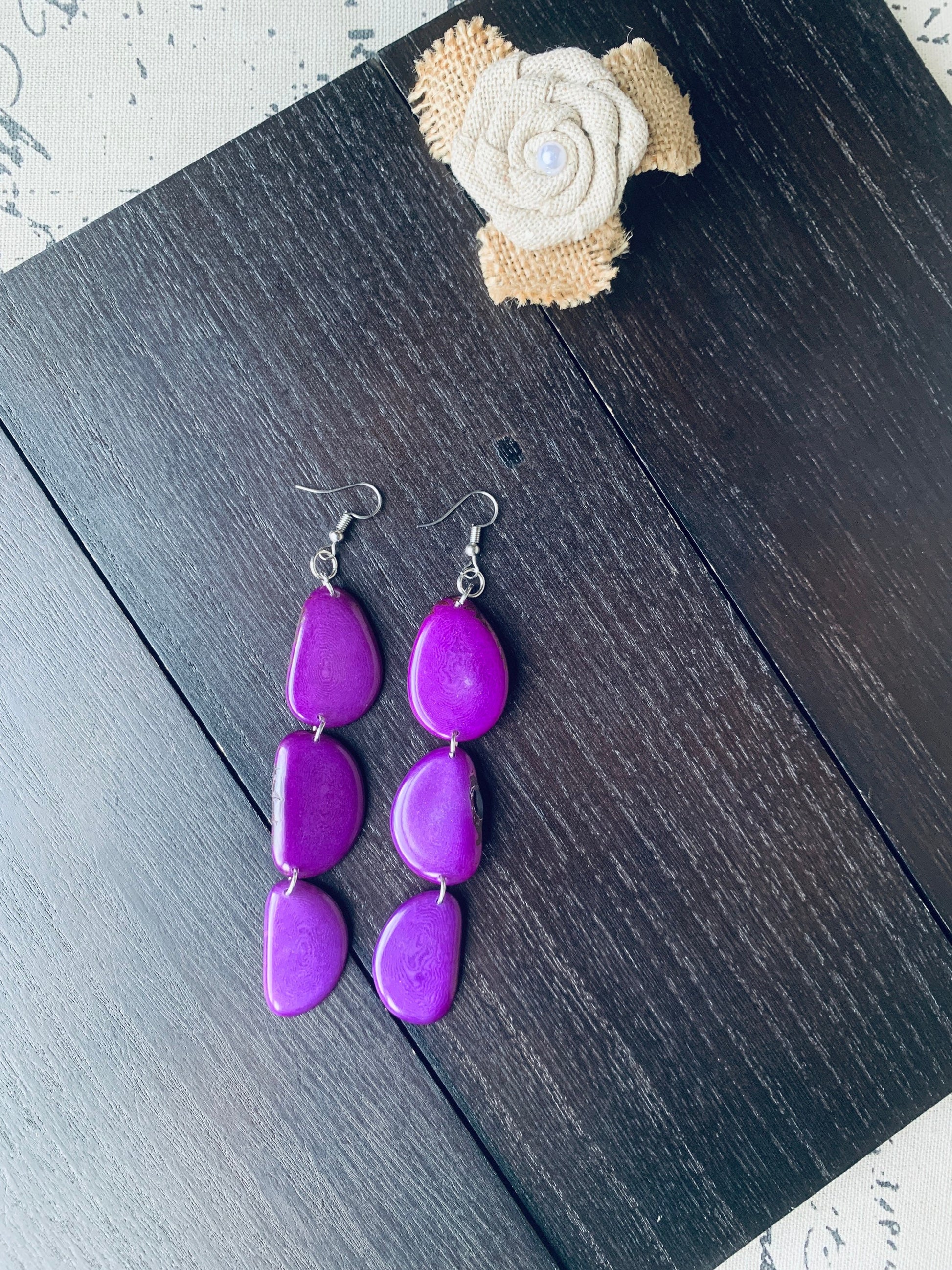 Purple extra long statement earrings Tagua earrings beaded Spring fashion Casual trendy drops Boho mod Mother’s Day gifts for wife under 20