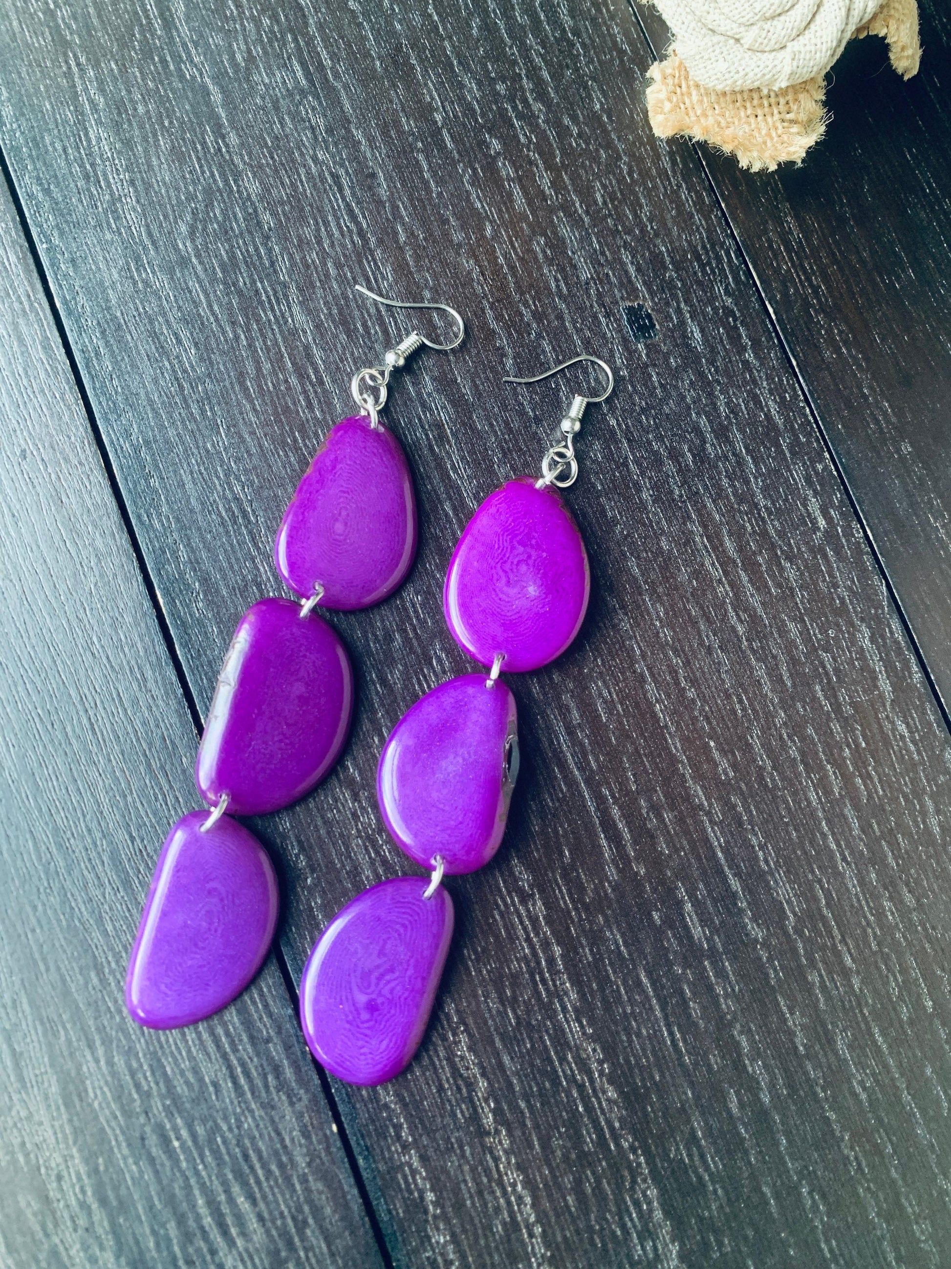 Purple extra long statement earrings Tagua earrings beaded Spring fashion Casual trendy drops Boho mod Mother’s Day gifts for wife under 20