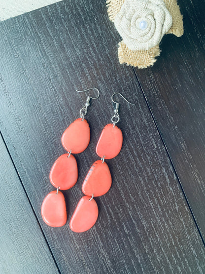 Peach extra long statement earrings Tagua earrings beaded Beach fashion Casual trendy drops Boho mod style Artisan handmade Lightweight
