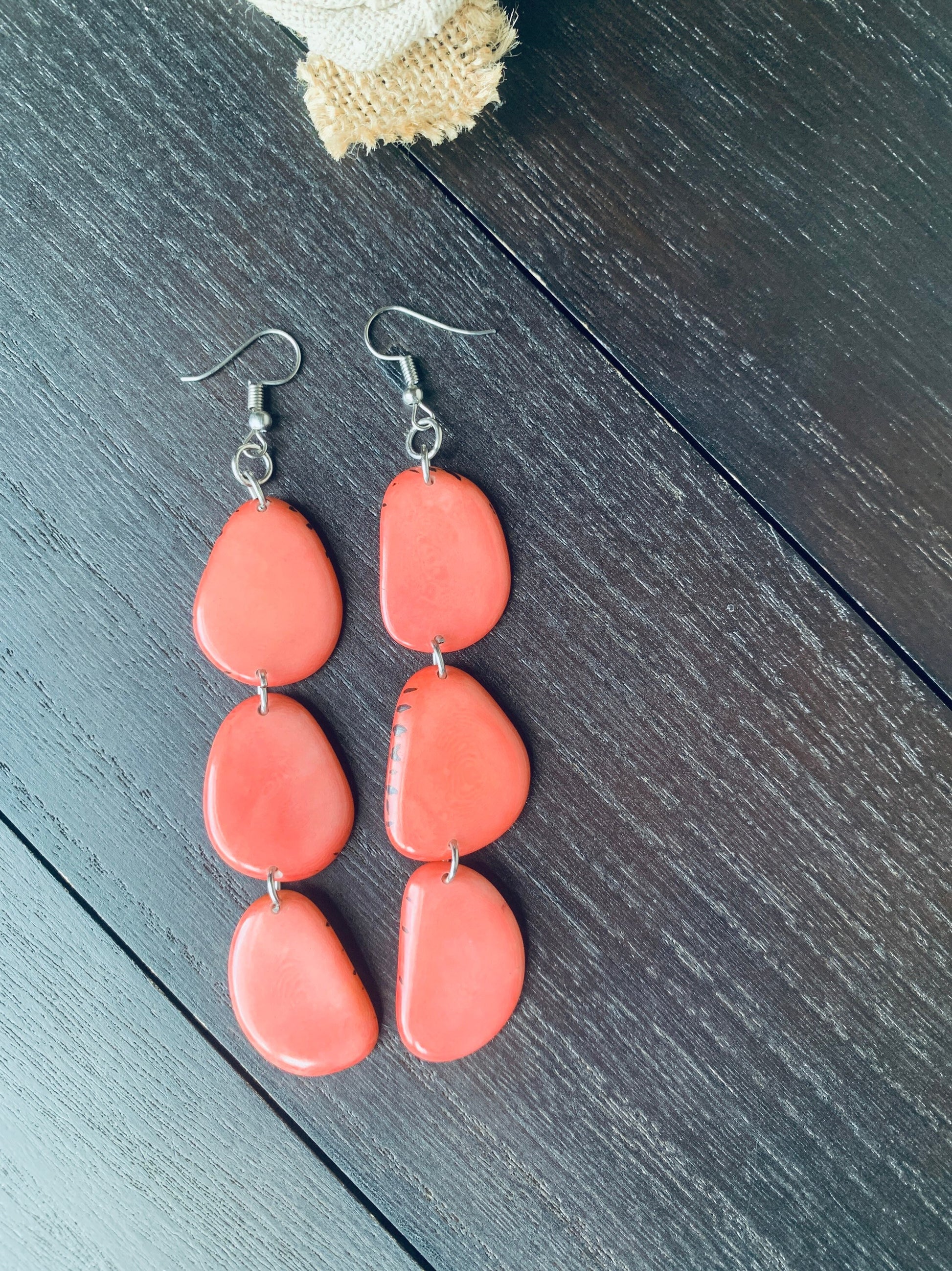 Peach extra long statement earrings Tagua earrings beaded Beach fashion Casual trendy drops Boho mod style Artisan handmade Lightweight