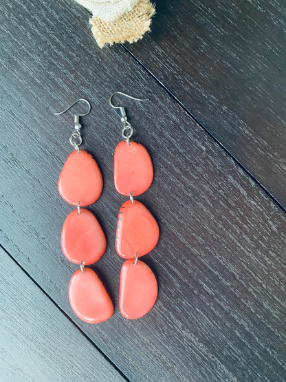 Peach extra long statement earrings Tagua earrings beaded Beach fashion Casual trendy drops Boho mod style Artisan handmade Lightweight