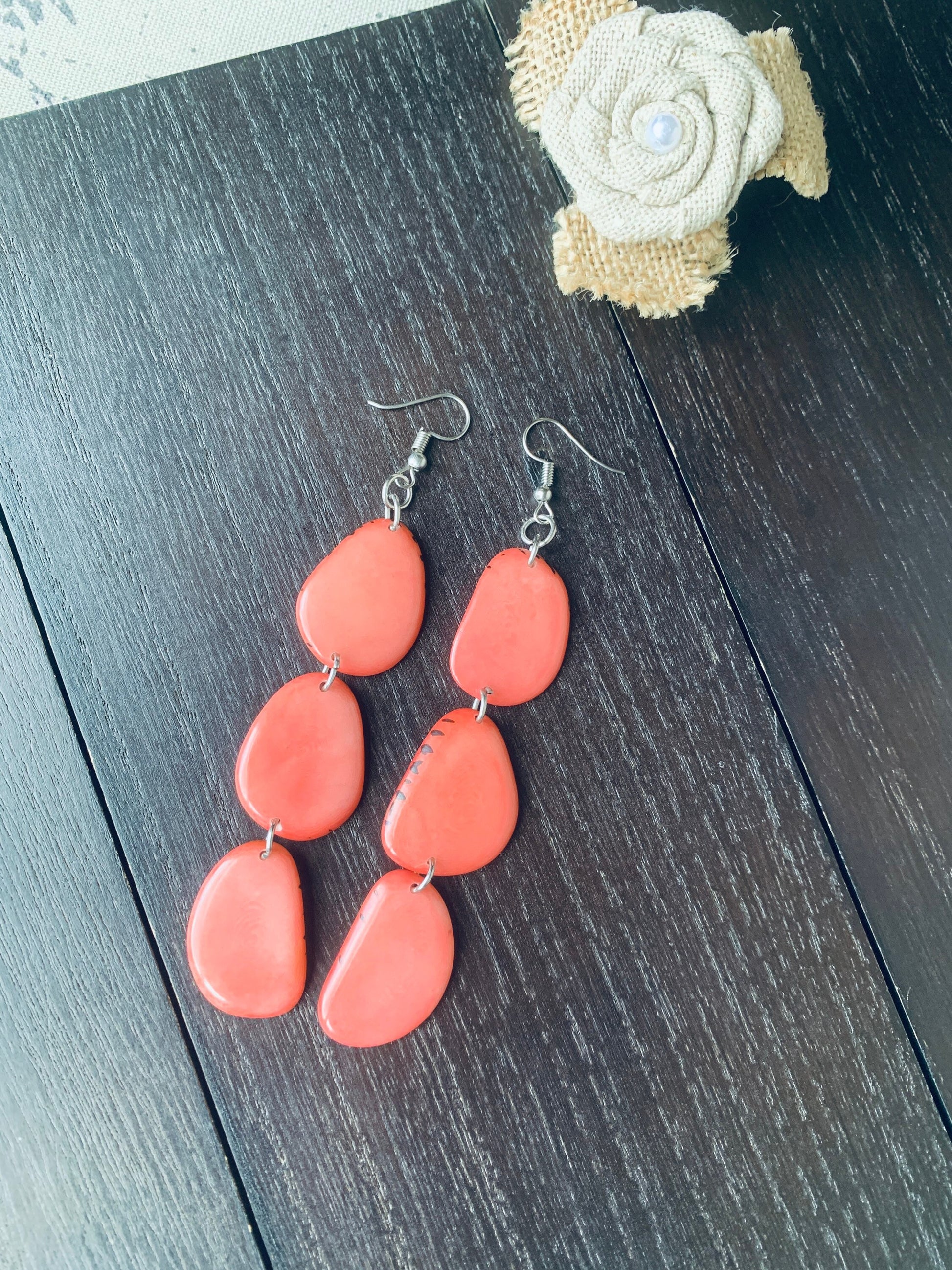 Peach extra long statement earrings Tagua earrings beaded Beach fashion Casual trendy drops Boho mod style Artisan handmade Lightweight