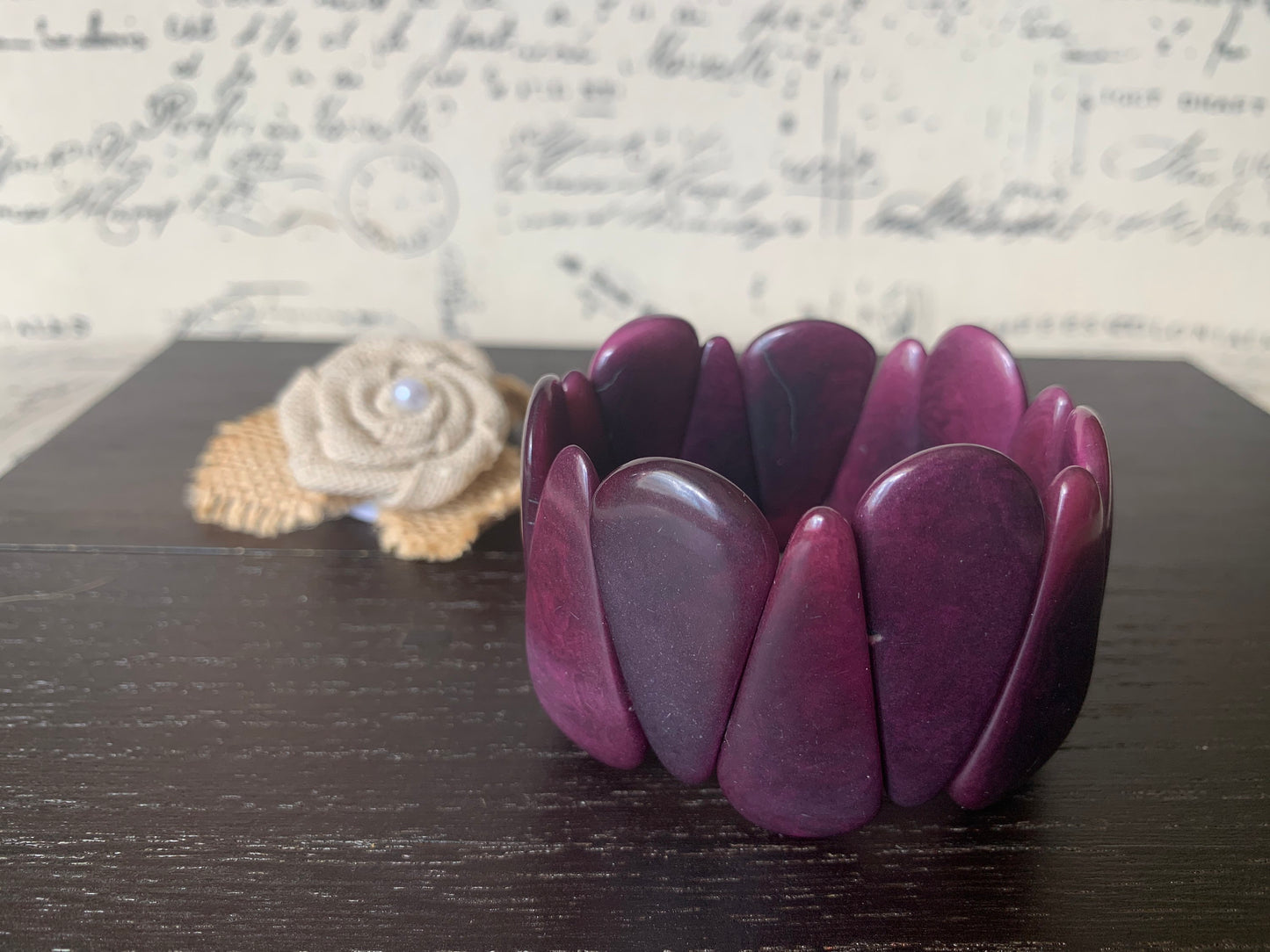 Purple tagua bracelet Beaded stretch bangle Statement teardrop bracelet Elastic cuff bangle Spring fashion trends Easter basket gifts